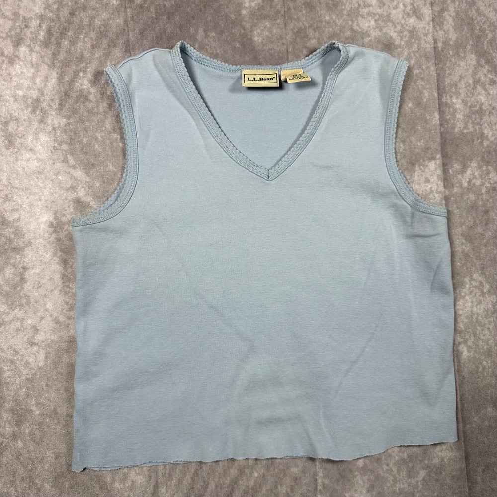LL Bean Womens Light Blue Cotton V-Neck Tank Top Scalloped Trim Sleeveless Small